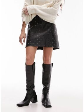 NEW! Topshop Black Stud Faux Leather Mini Skirt. Size 2